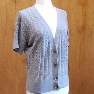 Loft (L) Ltwt Textured Gray Cardigan Short Sleeves